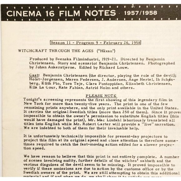 1955 Cinema 16 Film Notes Witchcraft Through The Ages Christensen Original C99 - Picture 1 of 4